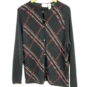 Liz Claiborne Size XL Black cardigan Sweater Button Up Cotton Blend 1943 Argyle
